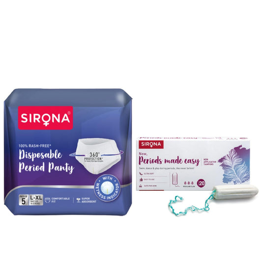 Sirona disposable period panty packaging with a box of tampons on a white background