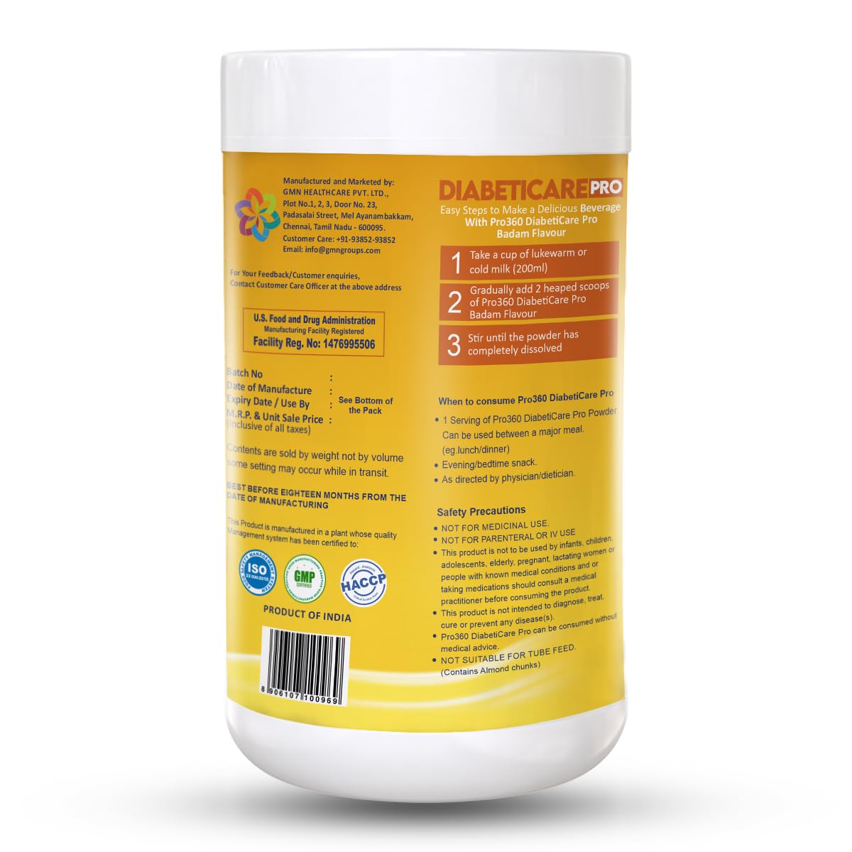 Pro360 Diabeticare Pro Protein Powder for Diabetes - Nutrition Supplement for Diabetic Care - Helps in Managing Blood Sugar Levels - Zero Added Sugar - Badam Flavour 200g Jar