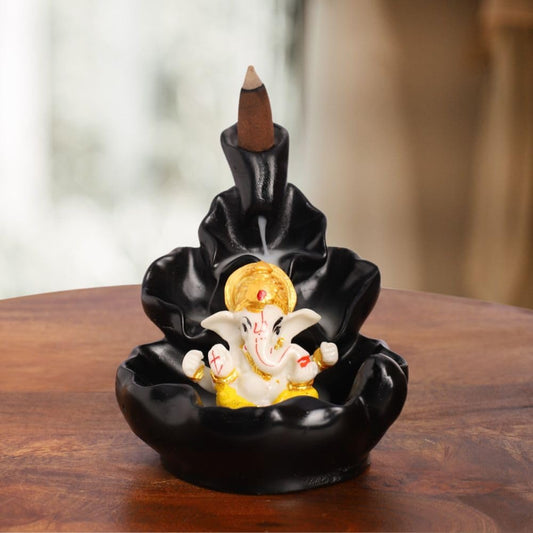 Multicolor Ganesha Idol Waterfall Statue with 8 Incense Smoke Back Flow Fountain Cone Holder | for Table, Living Room, Home Decorative Item