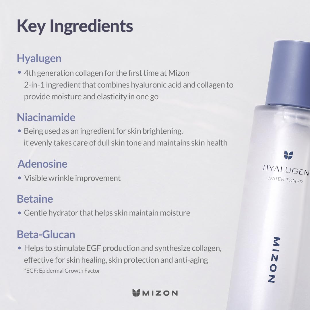 MIZON Hyalugen Water Toner for Deep Hydration and Better Skin Texture with Marine Collagen and Hyaluronic Acid Total Care Korean Skincare - 130 ml