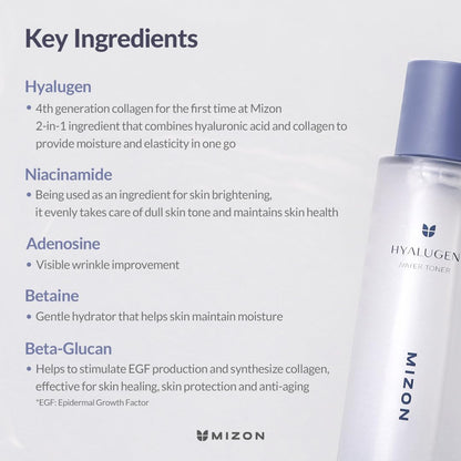 MIZON Hyalugen Water Toner for Deep Hydration and Better Skin Texture with Marine Collagen and Hyaluronic Acid Total Care Korean Skincare - 130 ml
