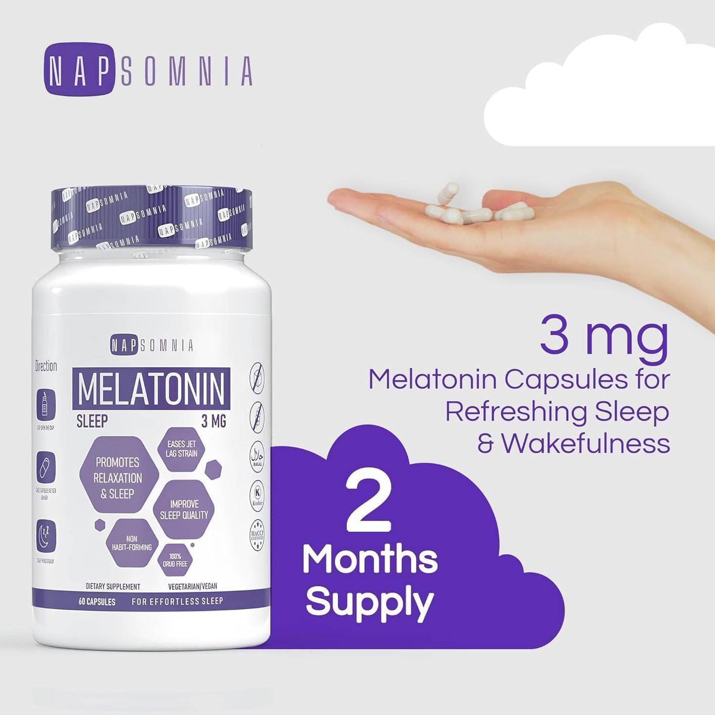 NAPSOMNIA Melatonin for Sleeping for Men & Women - Sleep Melatonin -Valerian Root Extract - Vegetarian 3mg Melatonin 60 Capsules - Sleep Aid for Adults - Deep Sleep Supplements to Ease Jet Lag Strain