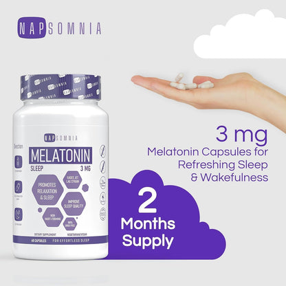 NAPSOMNIA Melatonin for Sleeping for Men & Women - Sleep Melatonin -Valerian Root Extract - Vegetarian 3mg Melatonin 60 Capsules - Sleep Aid for Adults - Deep Sleep Supplements to Ease Jet Lag Strain