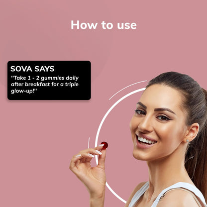 Sova Probiotic Plant Based Biotin Gummies | Acne Prevention & Glowing Skin | Prebiotics + 5 Billion CFUs Probiotics |10000 mcg Plant-Based Biotin, Hyaluronic Acid, Vitamin C, Amla | 30 Vegan Sugarless Gummies | Inner Beauty