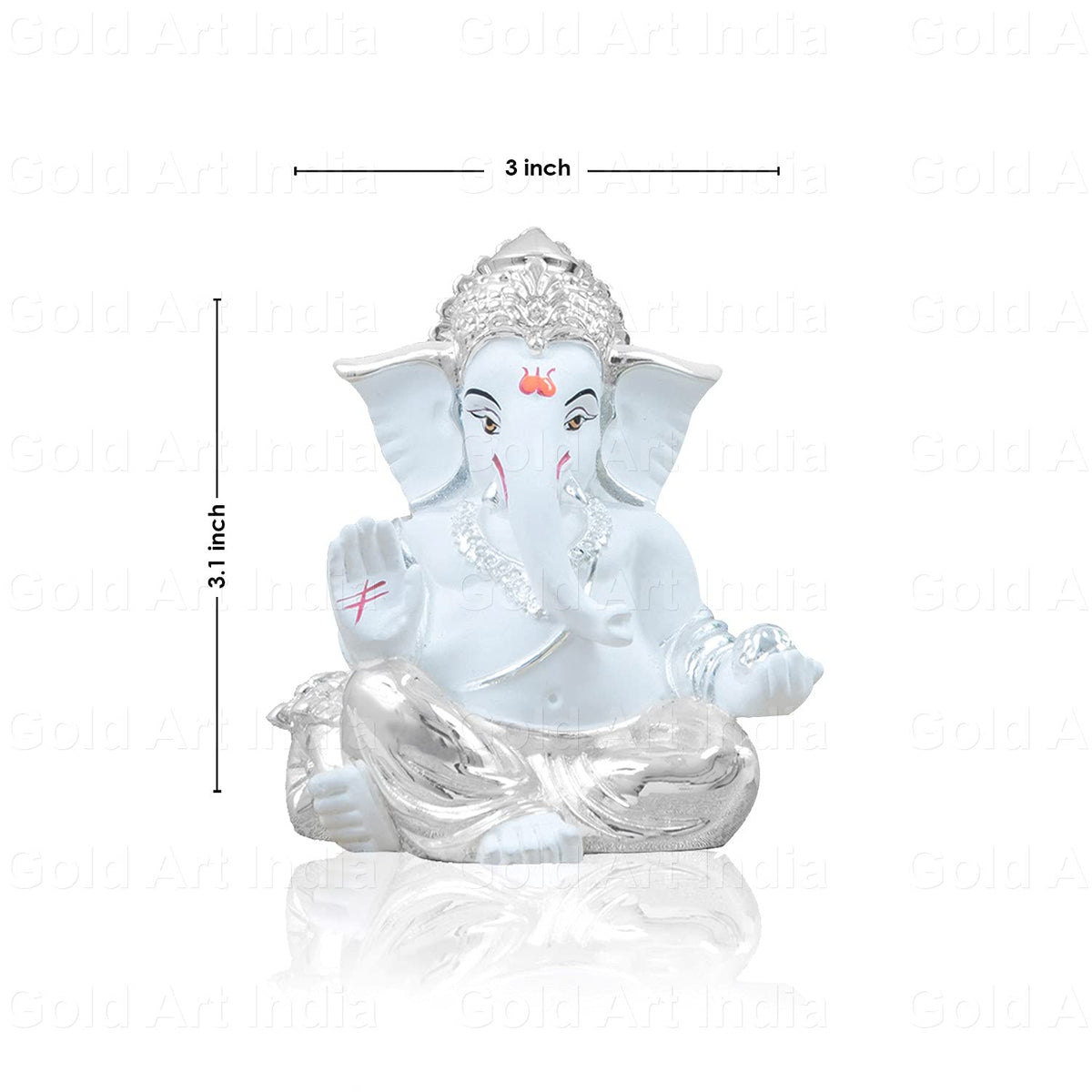 Gold Art India Silver Plated White Gaddi Ganesha 8X6X5 Cm Ganesh Idol for Car Dashboard Small Ganesha Murti Ganpati Idol for Home Decor Puja Lord Ganesh Statue Gift for Office Desk Puja Room Figurine