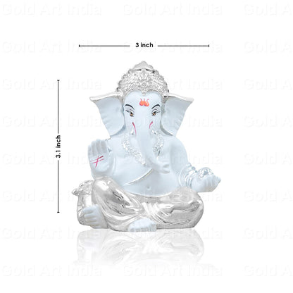 Gold Art India Silver Plated White Gaddi Ganesha 8X6X5 Cm Ganesh Idol for Car Dashboard Small Ganesha Murti Ganpati Idol for Home Decor Puja Lord Ganesh Statue Gift for Office Desk Puja Room Figurine
