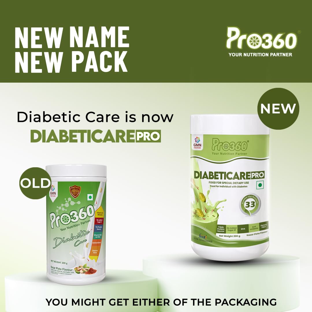 Pro360 Diabetic Care Protein Supplement Powder for Dietary Management of People With Diabetes - Helps in Managing Blood Glucose - No Added Sugar - Kesar Pista Flavor - 200g