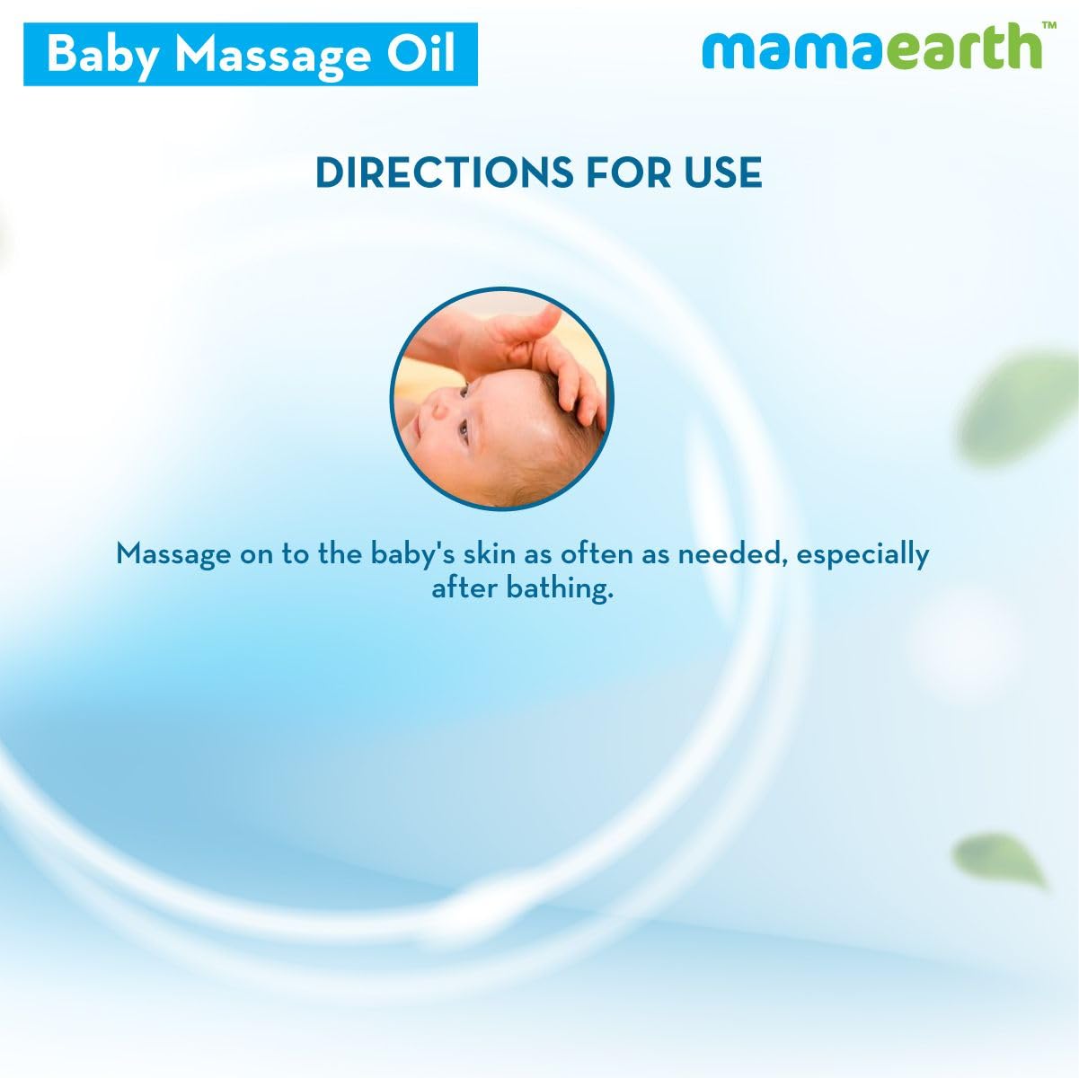 Baby massage oil directions with a baby being massaged, branded as Mamaearth.