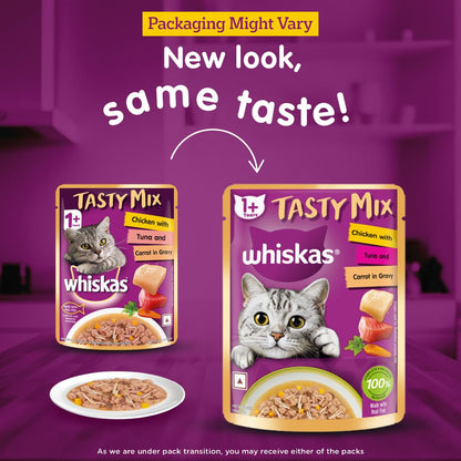 Whiskas Tasty Mix Adult (1+ Year) Wet Cat Food, Chicken with Tuna and Carrot in Gravy, 70 g, Cat Food Made with Real Fish, Complete & Balanced Nutrition for Adult Cats