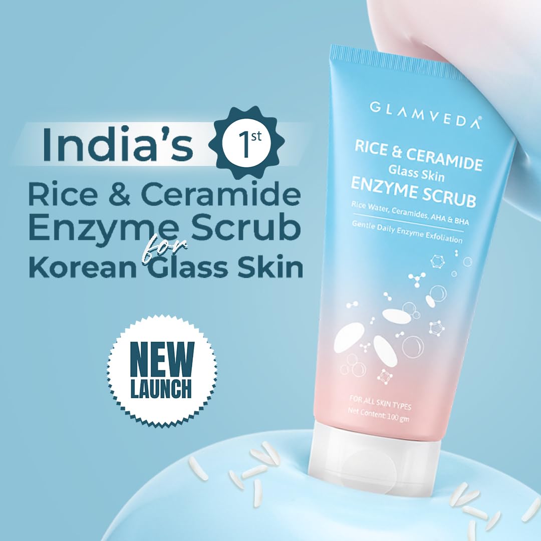 Glamveda Korean Rice & Ceramide Enzyme Scrub for Face | Gentle Daily Exfoliator with Rice Water, Lactic & Glycolic Acid, Niacinamide | Removes Dead Skin, Smoothens Texture & Boosts Glow | Face Scrub For Glowing Skin |100 gm