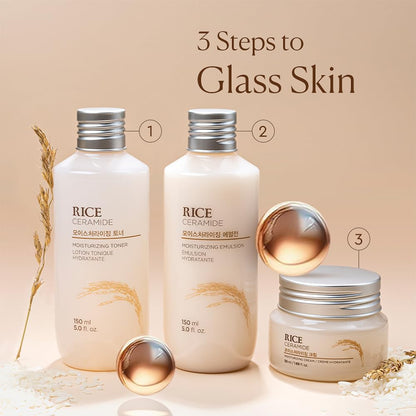 Three skincare products labeled '3 Steps to Glass Skin' with a beige background.