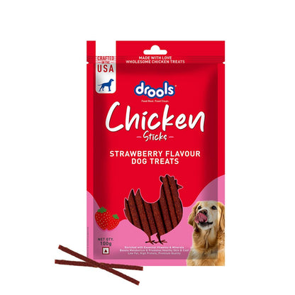 Drools Puppy & Adult Dog Treats Sticks 100g | Strawberry Flavour | Rich in Protein | No Artificial Preservatives | Best for Training & Bonding | Formulated in USA | Premium Treats