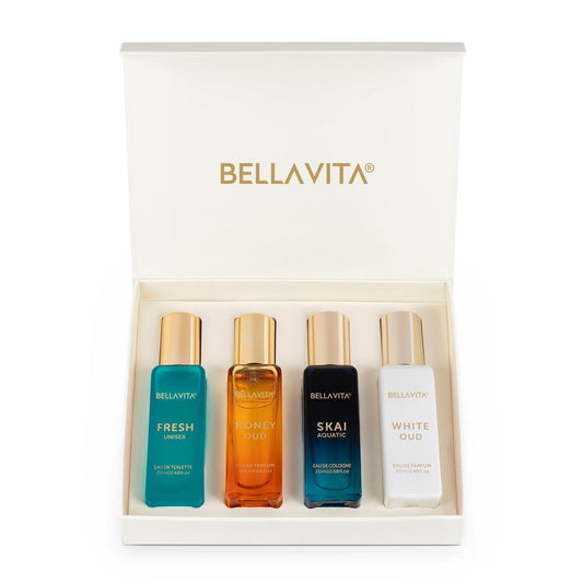 Set of four Bellavita perfume bottles in a box on a white background
