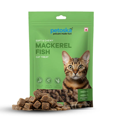 Petoska Mackerel Fish Cat Treats - 100g | Air-Dried Ocean-Caught Mackerel Bites with Taurine & Omega-3 | Chewy Snack to Support Heart, Shiny Coat & Joints | Kittens & Adult Cats