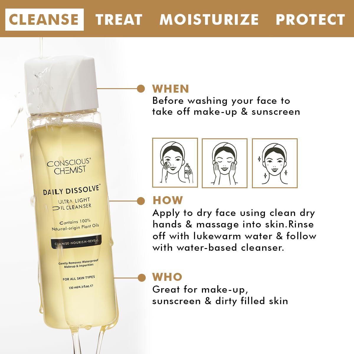 Conscious Chemist Daily Dissolve oil cleanser bottle with usage instructions on a white background