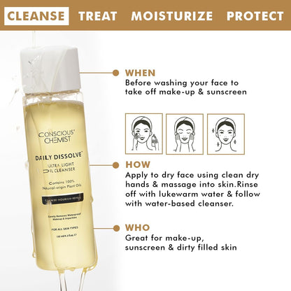 Conscious Chemist Daily Dissolve oil cleanser bottle with usage instructions on a white background