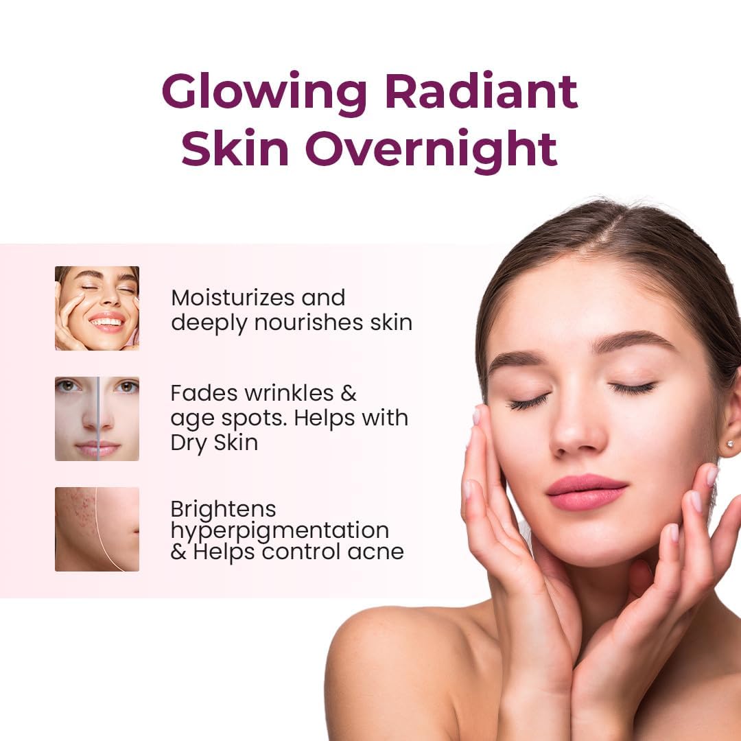 Advertisement for skin care product with a woman touching her face and text highlighting benefits.