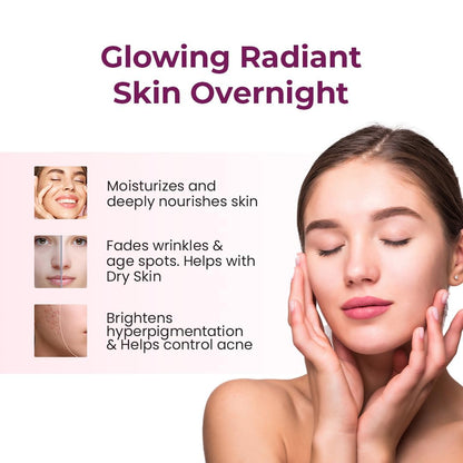 Advertisement for skin care product with a woman touching her face and text highlighting benefits.