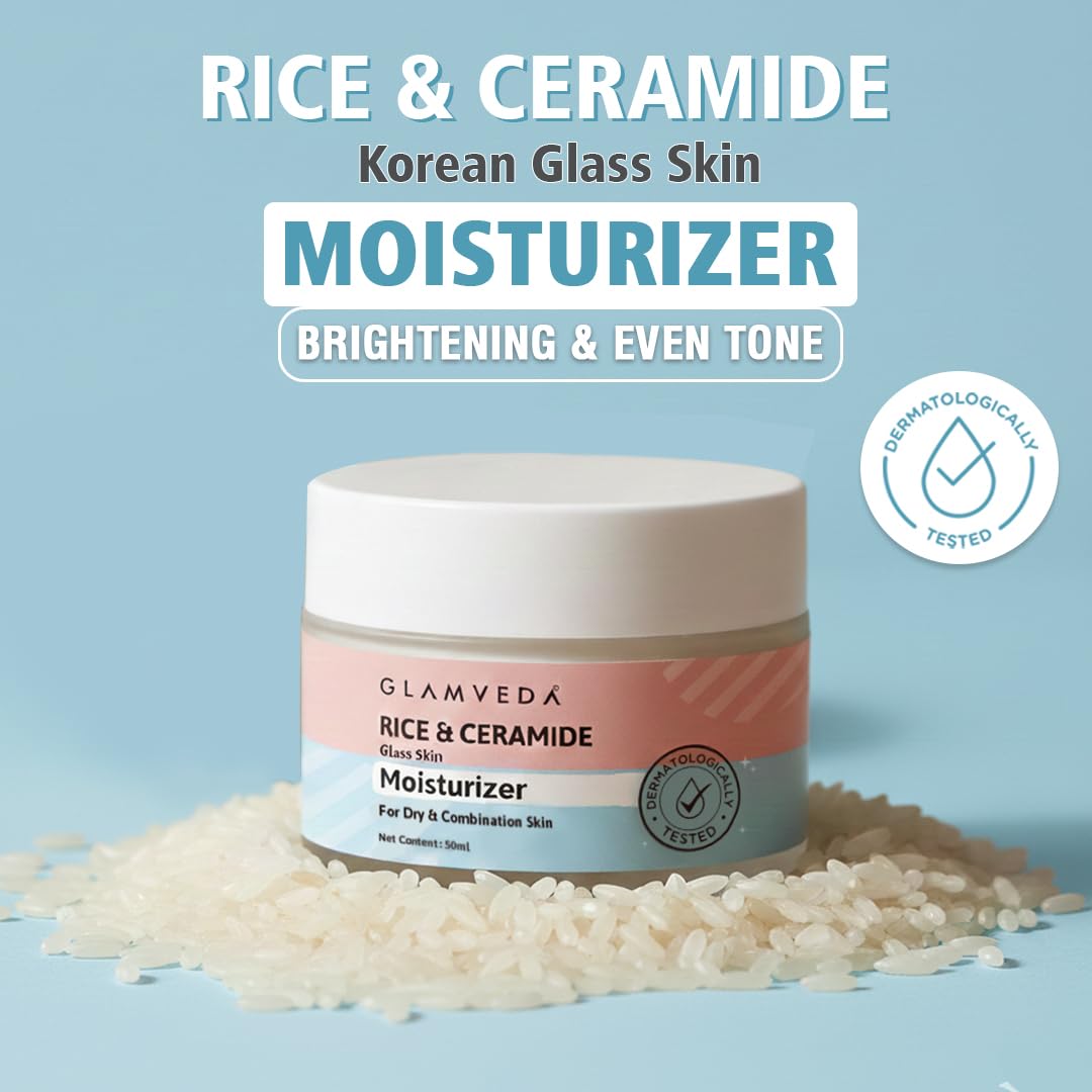 Glamveda Korean Rice & Ceramide Moisturizer Cream For Dry Skin | Face Moisturizer for Glowing Skin | Skin Barrier Building & Nourishing | Reduce Fine Lines Wrinkles & Age Spots | Women & Men | 50ml