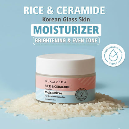 Glamveda Korean Rice & Ceramide Moisturizer Cream For Dry Skin | Face Moisturizer for Glowing Skin | Skin Barrier Building & Nourishing | Reduce Fine Lines Wrinkles & Age Spots | Women & Men | 50ml