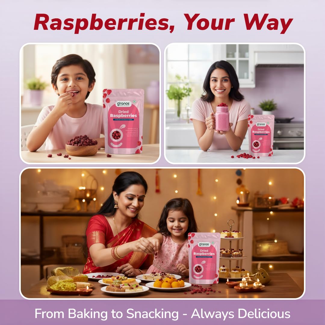 Granos Premium Dried Raspberries 150g, Dried Fruit, Healthy & Tasty, Gluten Free, Vegan, Rich in Fibre & Antioxidant, No Preservative, Support Digestion, Sourced from USA (Pack of 1)