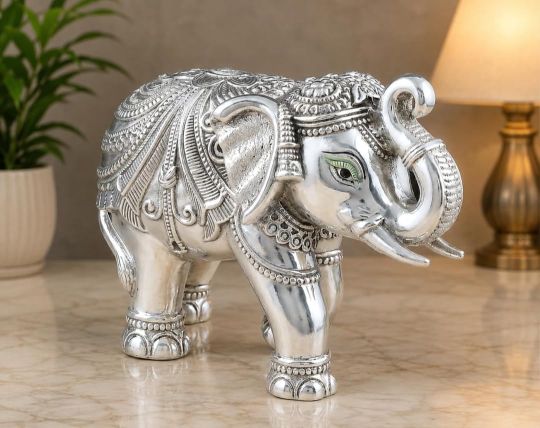 Elephant Showpiece Resin Aesthetic Statue Decorative Item for Home, Elephant Decor for Home Vastu, Shelf, Study Room, Work Table (3inch) (Silver)