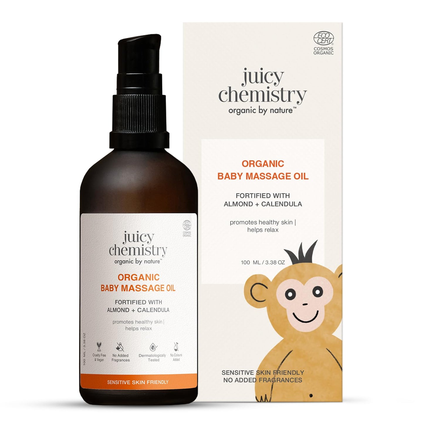 Juicy Chemistry Organic Baby Massage Oil with Almond + Calendula, 100 ml | Moisturises & Nourishes Skin | Soft & Smooth Skin | Dermatologically Tested | Certified Organic | Non-Toxic & Safe for Newborns