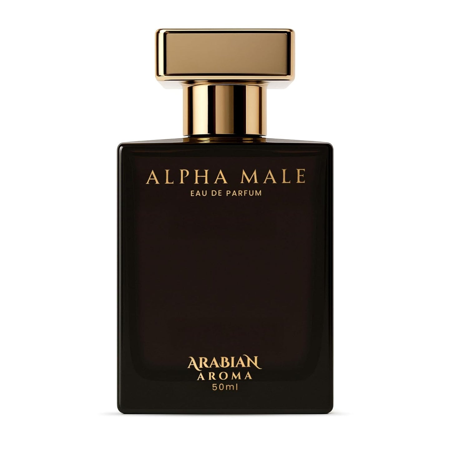 Black perfume bottle labeled 'Alpha Male' by Arabian Aroma on a white background
