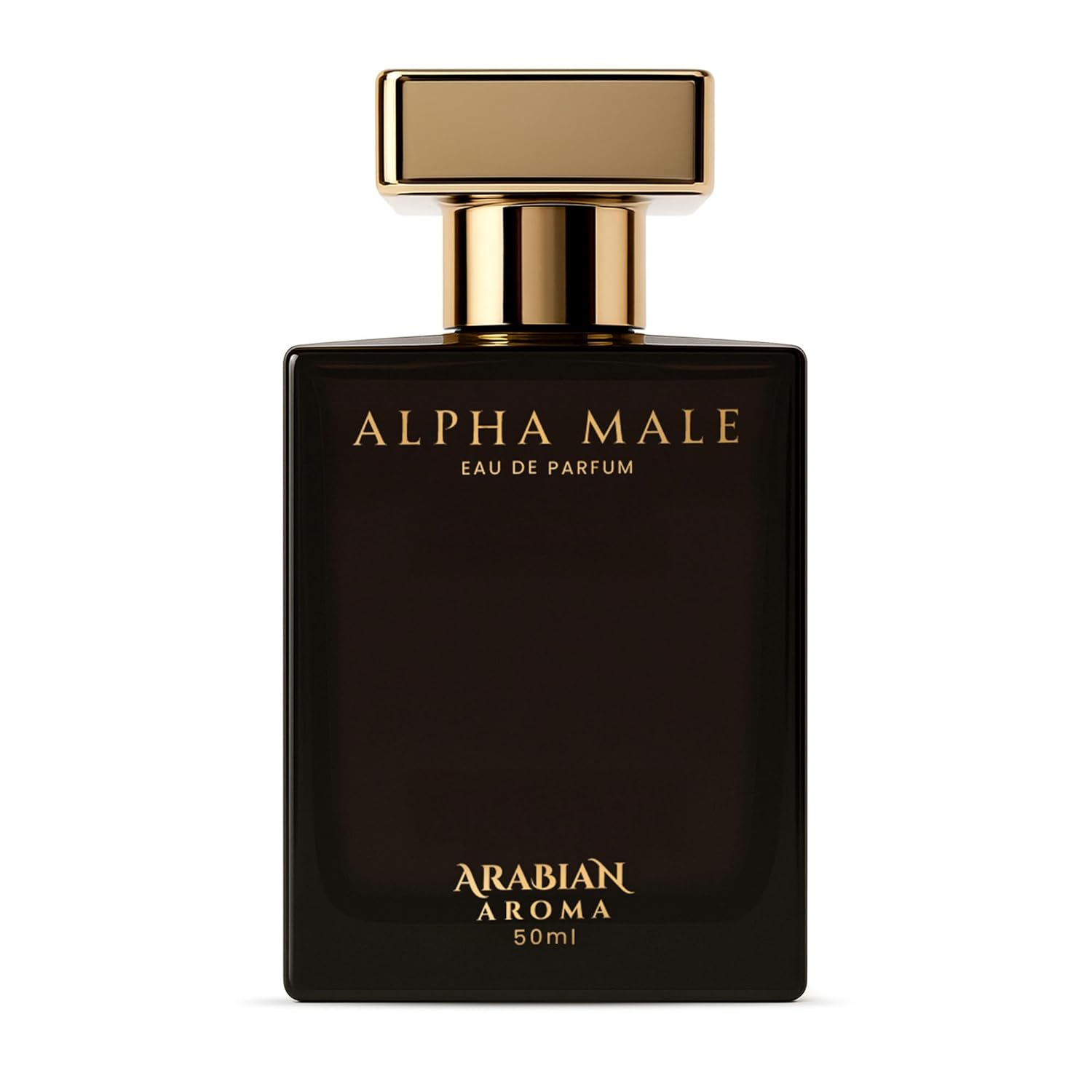 Black perfume bottle labeled 'Alpha Male' by Arabian Aroma on a white background