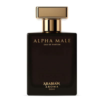Black perfume bottle labeled 'Alpha Male' by Arabian Aroma on a white background