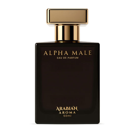 Black perfume bottle labeled 'Alpha Male' by Arabian Aroma on a white background