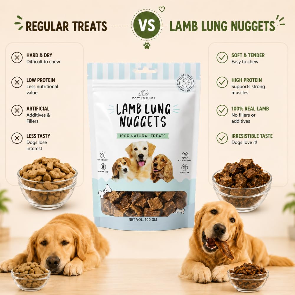 PAWPOURRI Natural Lamb Lung Nuggets Dog Treats, 100gm | Protein Rich Chewy Snacks for Dogs | Suitable for All Breeds & Life Stages | Daily Training & Reward Treats (Pack of 1)