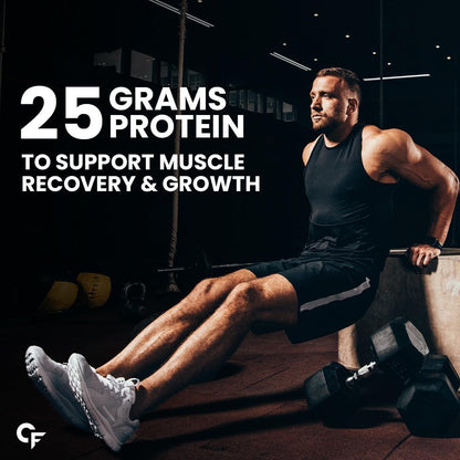 Man exercising with weights in a gym setting, promoting protein for muscle recovery and growth.
