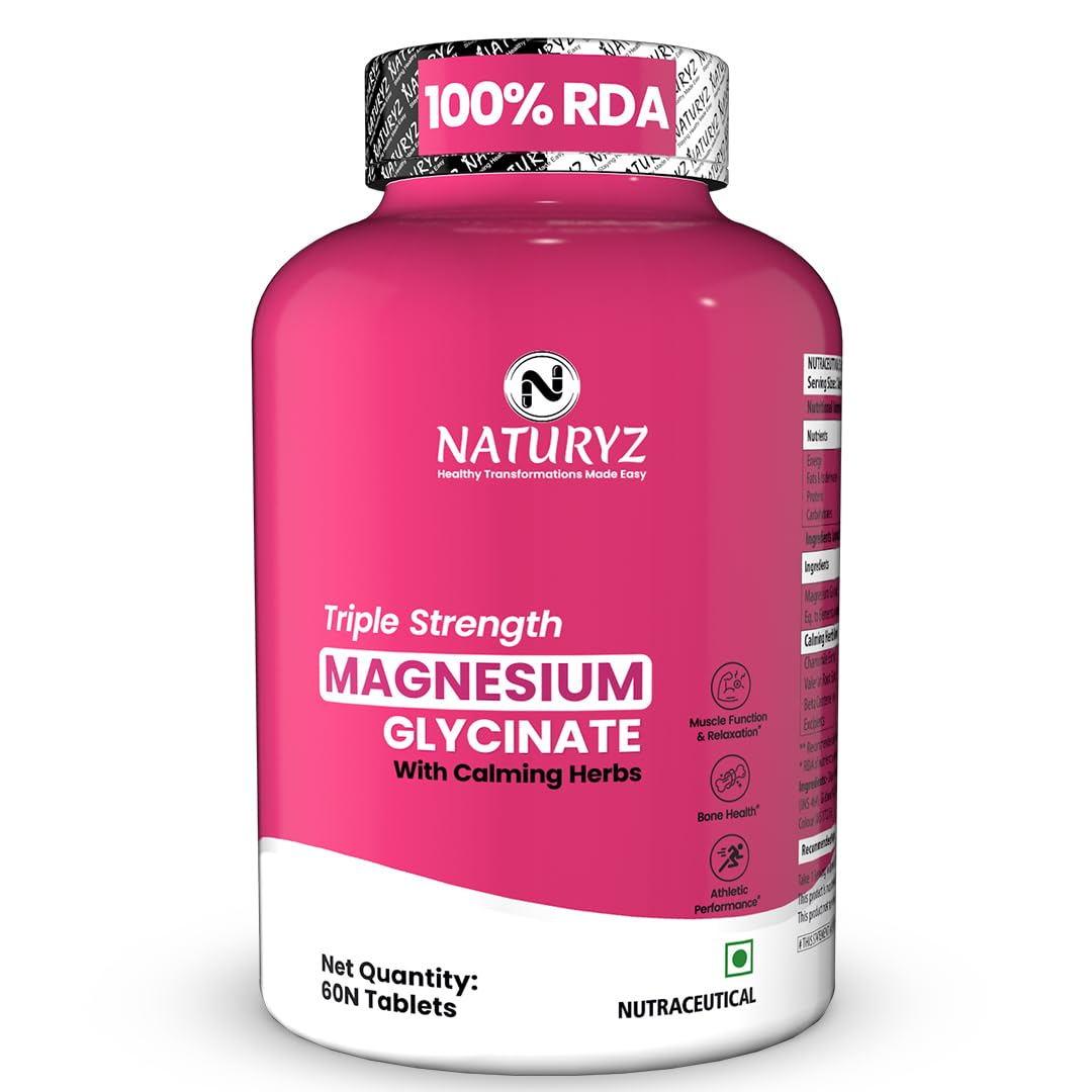 Pink supplement bottle labeled 'Naturyz Triple Strength Magnesium Glycinate' on a white background