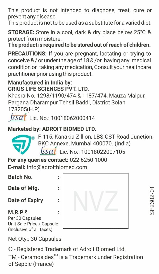 Product label with storage instructions, manufacturing details, and contact information.