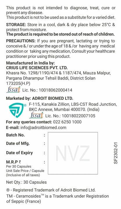 Product label with storage instructions, manufacturing details, and contact information.