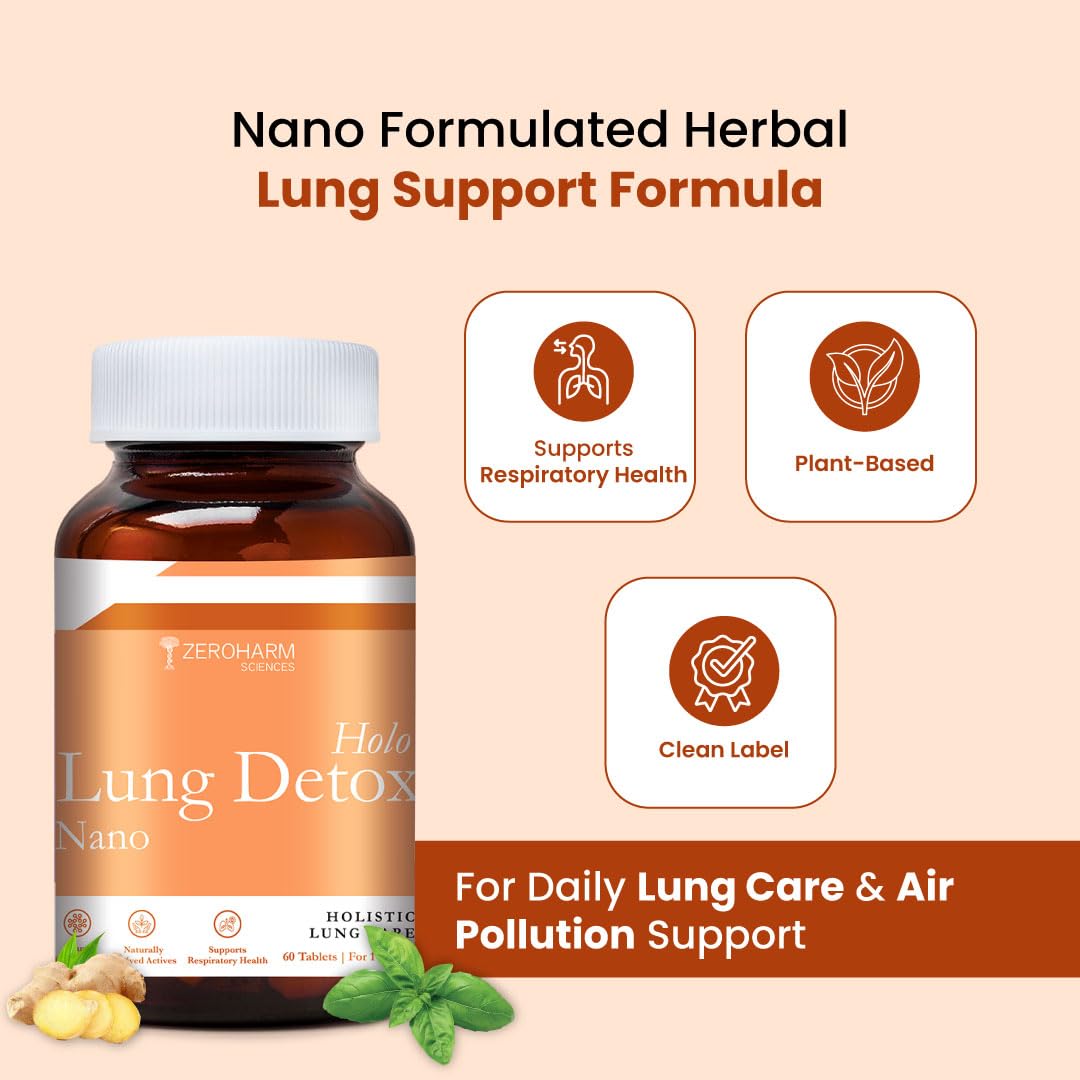 ZEROHARM Holo Lung Detox Tablets for Smokers | Vasaka, Echinacea, Ginger, Basil & Mulethi | Ayurvedic Lung Cleanse for Pollution & Respiratory Health | Nanotechnology for Men & Women | 60 Tablets