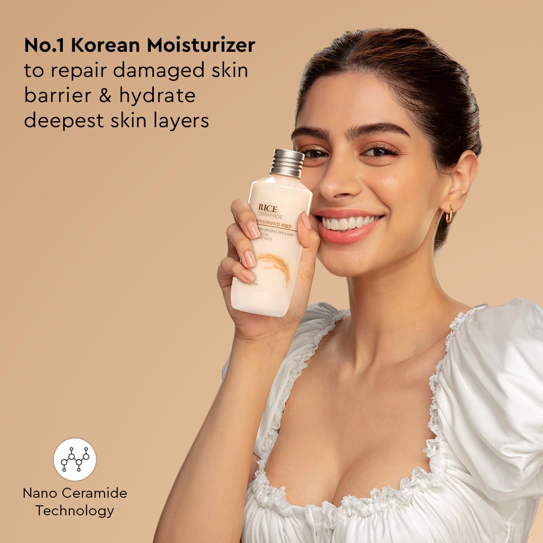 Woman holding a skincare product with text about Korean moisturizer on a beige background