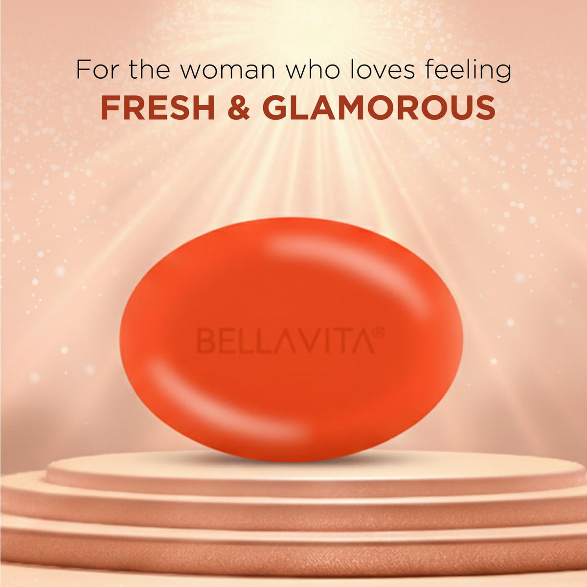 Red soap bar on a wooden platform with 'Bellavita' branding against a warm-toned background.