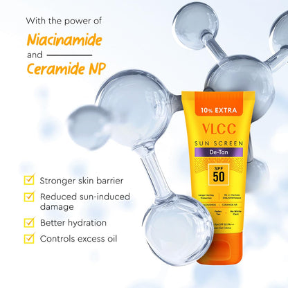 VLCC All Skin De-Tan SPF 50 PA+++ Sunscreen Gel Crème - 100g + 10g Extra | With Cucumber, Carrot, and Saxifraga Extracts | Enhances Glow, Protects from UVA, UVB Rays, and Help Reduce Dark Patches.