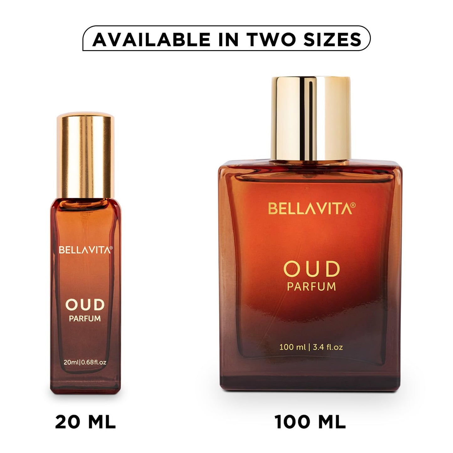 Two Bellavita Oud Parfum bottles, one 20ml and one 100ml, on a white background.