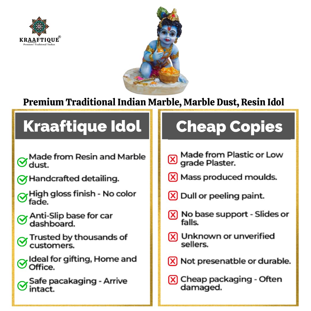 Baby Krishna Idol for Home Temple & Pooja Room | Laddu Gopal Murti, Bal Gopal Makhan Chor Statue, Marble Dust Krishna Showpiece for Mandir Decor, Janmashtami Gift, Car Dashboard Decoration (4 Inch)