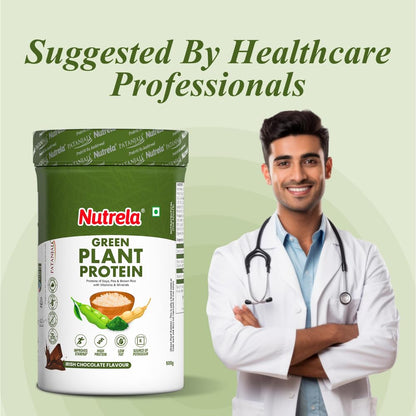 Nutrela Green Plant protein Powder - 500g (Chocolate) | Brown Rice & Pea with Multivitamins & Minerals