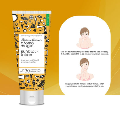 Aroma Magic Matte Sunblock Sunscreen Lotion | SPF 30 PA++ Protection with Non-Nano Zinc Oxide | No Parabens, Alcohol-Free | Calendula, Chamomile | Chemical-Free | All Skin | 100ml | Pack of 1