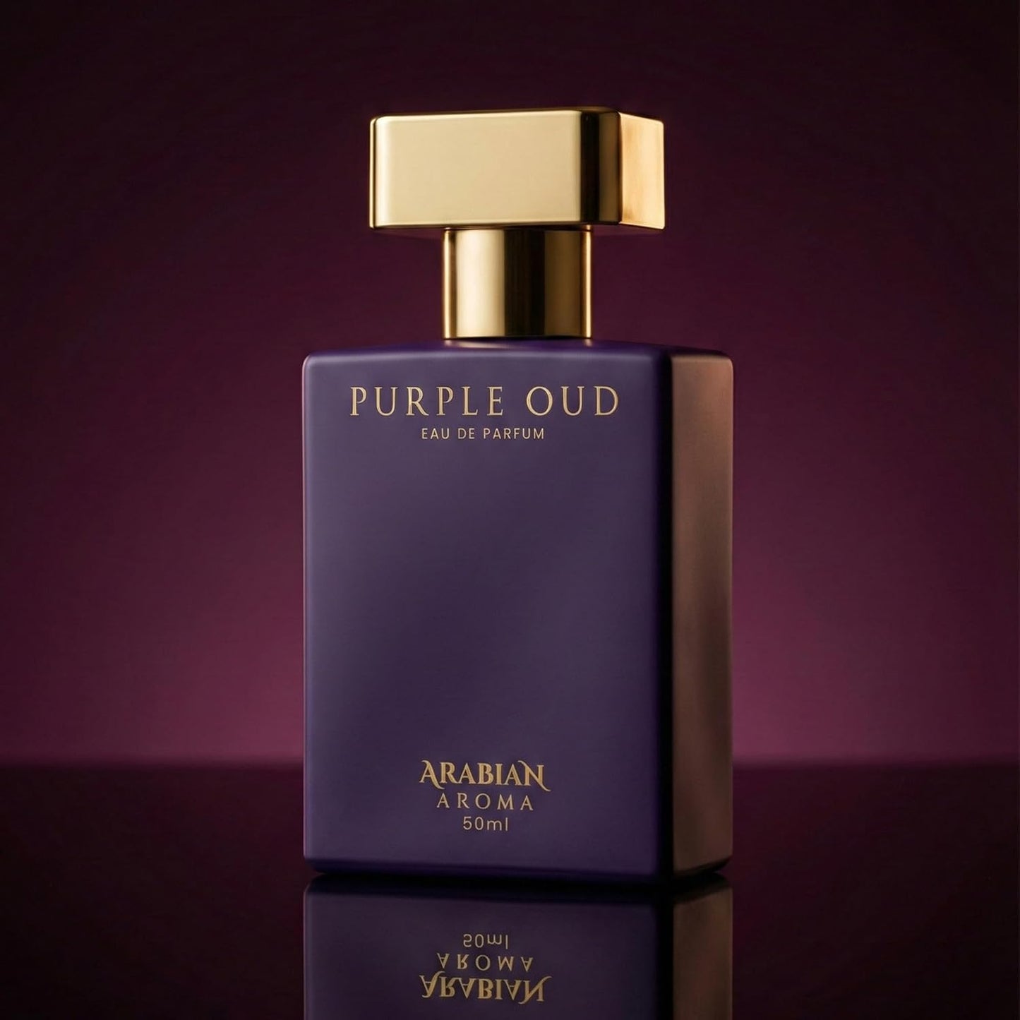 Perfume bottle labeled 'Purple Oud' by Arabian Aroma on a dark background