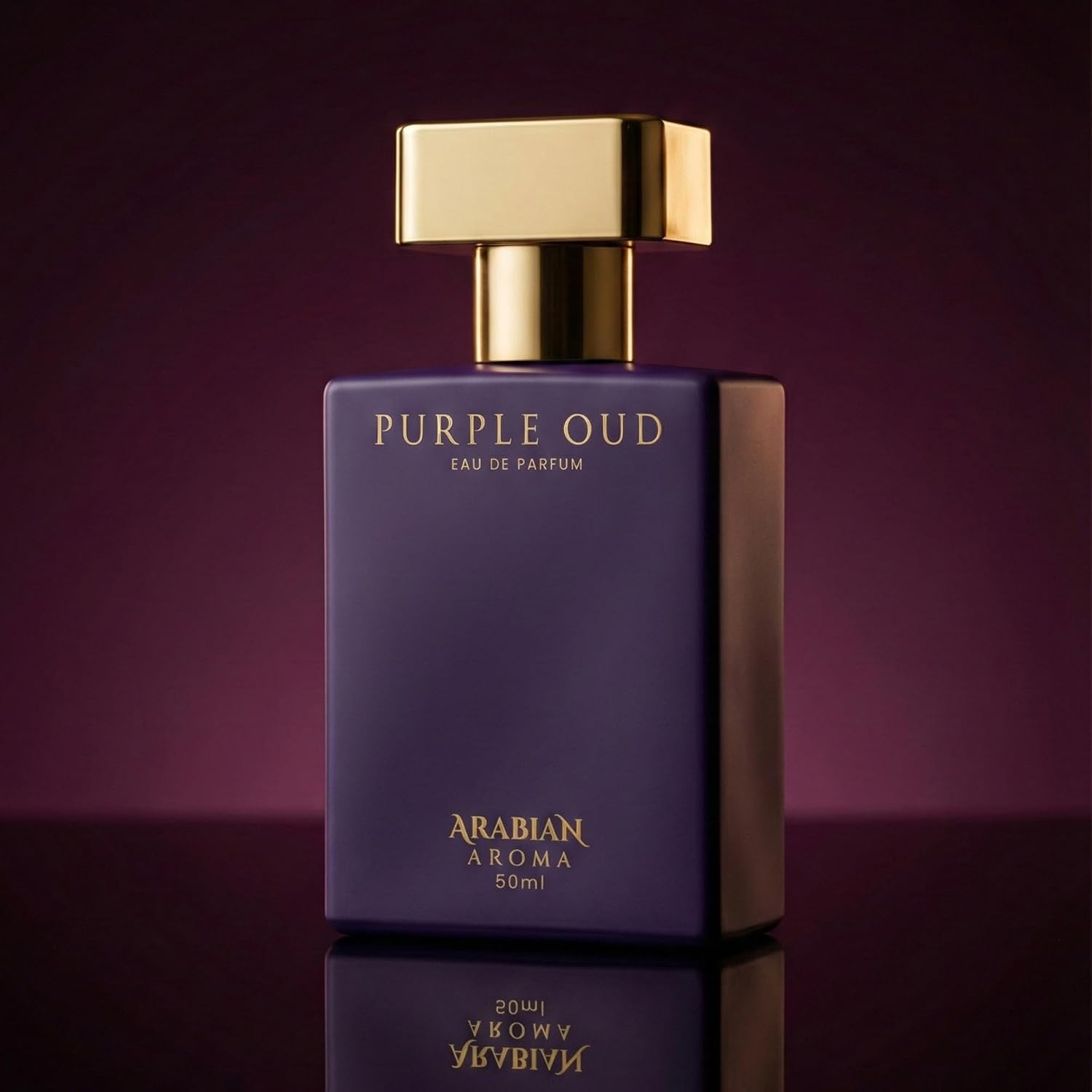 Perfume bottle labeled 'Purple Oud' by Arabian Aroma on a dark background