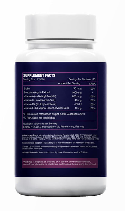 Sea Life Biotin Plus Tablets Prevent Hair Loss and Promotes Healthy Hair Growth | Glowing Skin And Longer Nails with Multivitamins & Sesbania Extract (60 Tablets Each) For Men and Women (Pack of-1)