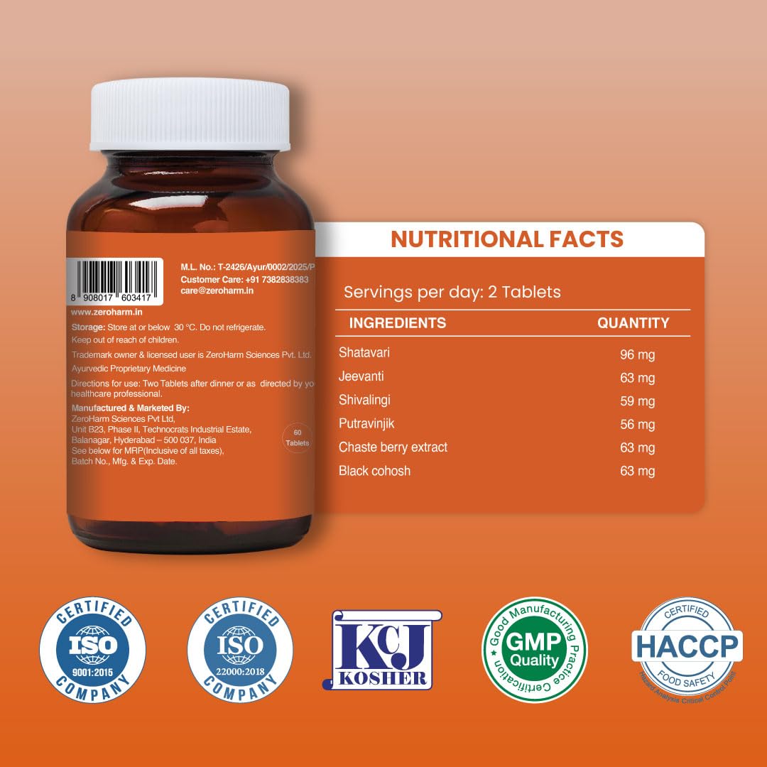 ZEROHARM Narie Fertility Formula Tablets | Natural Conception | Healthy Pregnancy | Prevents Pregnancy Complications | Shatavari, Jivanti, Shivalingi, Chaste Berry & Black Cohosh | 60 Veg Tablets