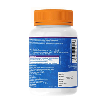 Supplement bottle with orange cap and blue label on a white background