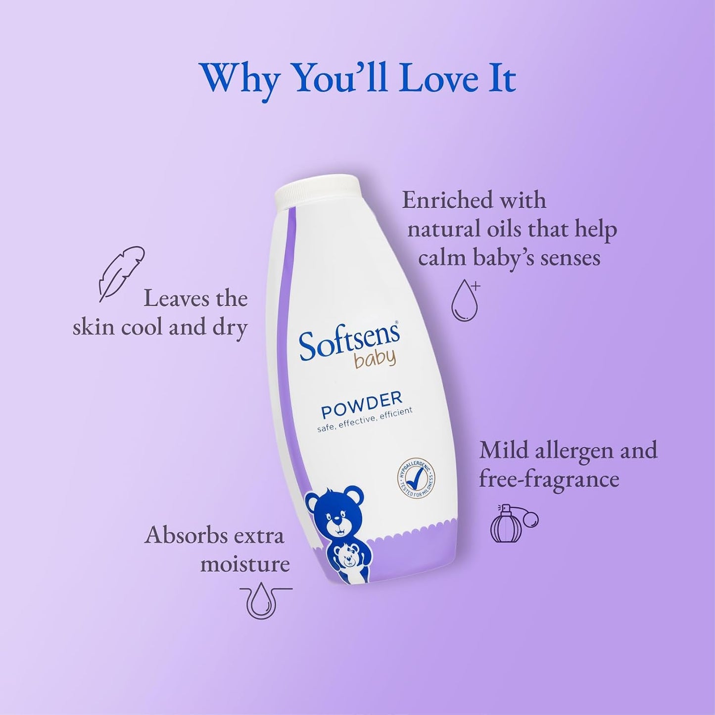 Softsens Baby Powder 200g | Ideal For New Borns and Infants | Mild Scent with Clove Leaf Oil | Absorbs Excess Moisture, Reduces Chafing | Dermatalogically Tested & Paraben, SLS & SLES Free